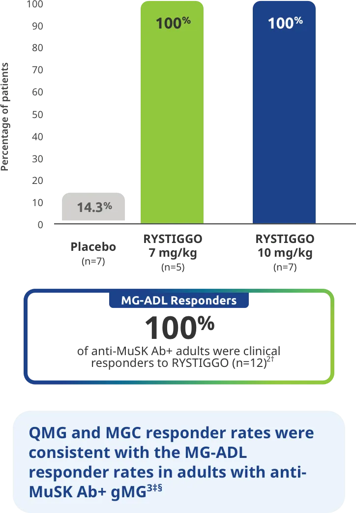 100% of patients with anti-MuSK Ab+ gMG were clinical responders to RYSTIGGO (n=12).