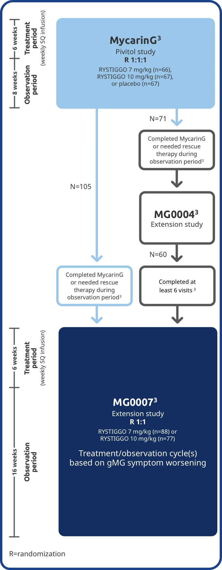 Graphic describing two extension studies (MG0004 and MG0007) that were available to adults who participated in the MycarinG clinical trial to further evaluate the safety and efficacy of RYSTIGGO®.