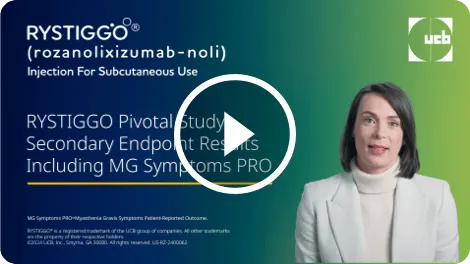 Video features Dr. Christyn Edmundson, an expert in gMG, discussing the secondary endpoint results, including MG Symptoms PRO, from the RYSTIGGO pivotal study.