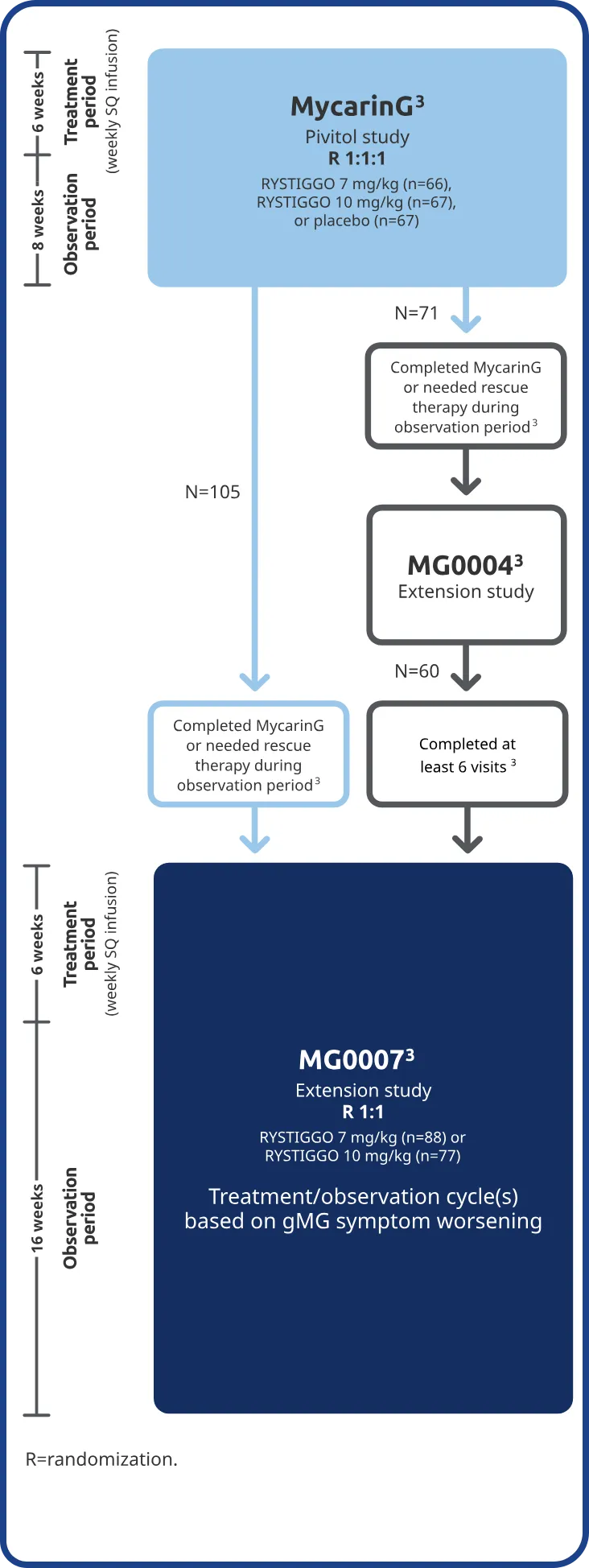 Graphic describing two extension studies (MG0004 and MG0007) that were available to adults who participated in the MycarinG clinical trial to further evaluate the safety and efficacy of RYSTIGGO®.